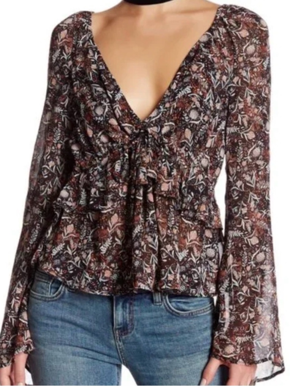 Free People Brown Floral Print Sheer Peasant Blouse